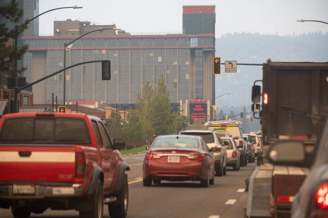 Cars jam Highway 50 in Stateline, Nevada, driving eastbound as they flee their homes after a mandatory evacuation during the Caldor Fire on Monday, Aug. 30, 2021.