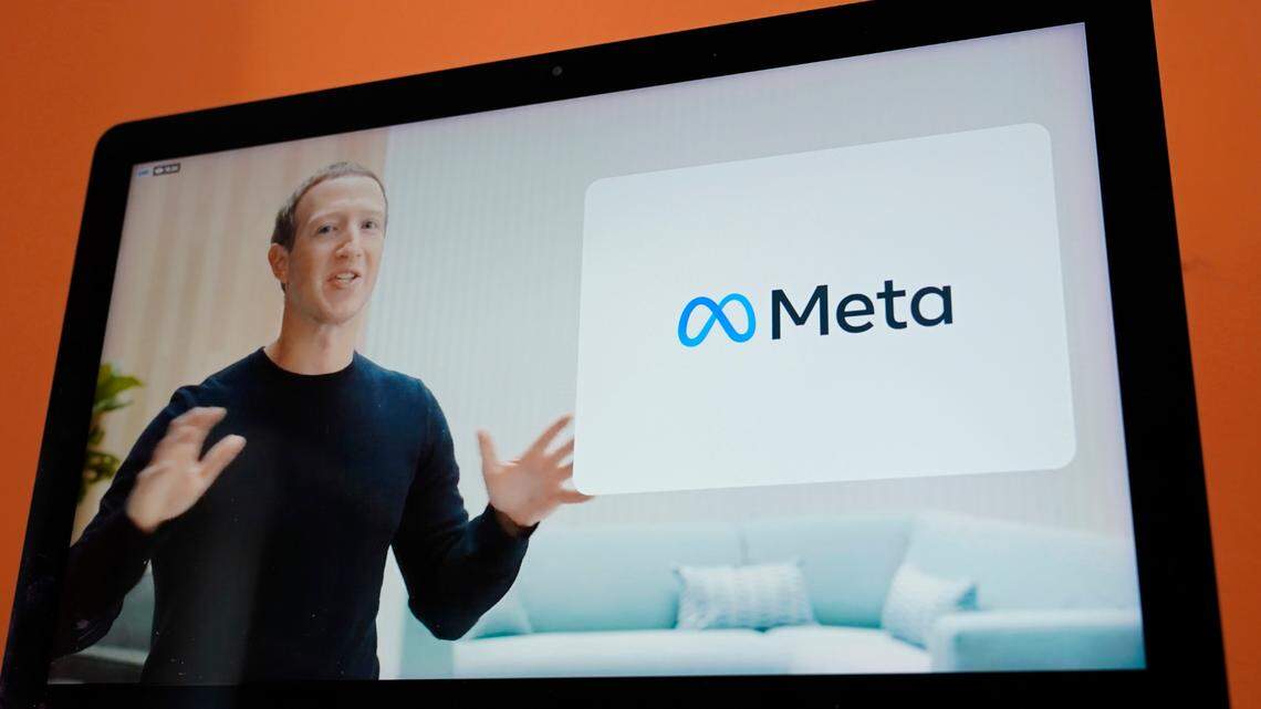 Seen on the screen of a device in Sausalito, Calif., Facebook CEO Mark Zuckerberg announces their new name, Meta, during a virtual event on Thursday, Oct. 28, 2021. Zuckerberg talked up his latest passion -- creating a virtual reality “metaverse” for business, entertainment and meaningful social interactions. (AP Photo/Eric Risberg)