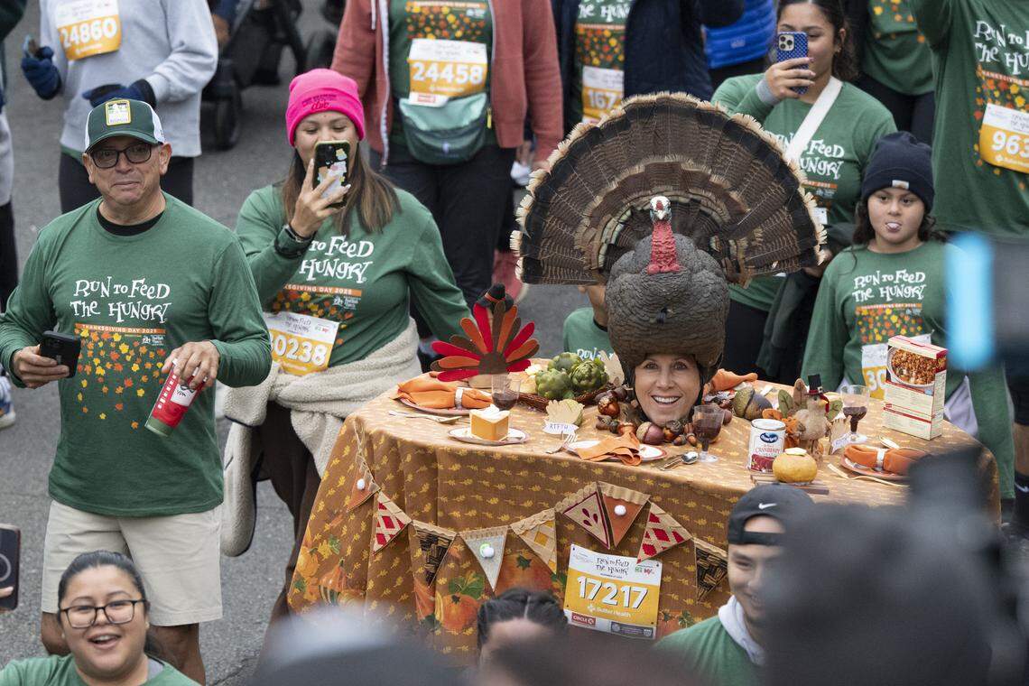 A runner dressed as a Thanksgiving Day spread during the Run to Feed the Hungry in Sacramento on Thursday.