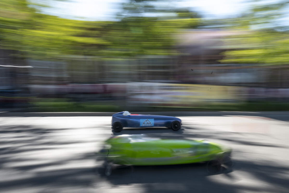 Masters class derby racers race in the Folsom Historic District’s All-American Soap Box Derby in Folsom on Sunday.