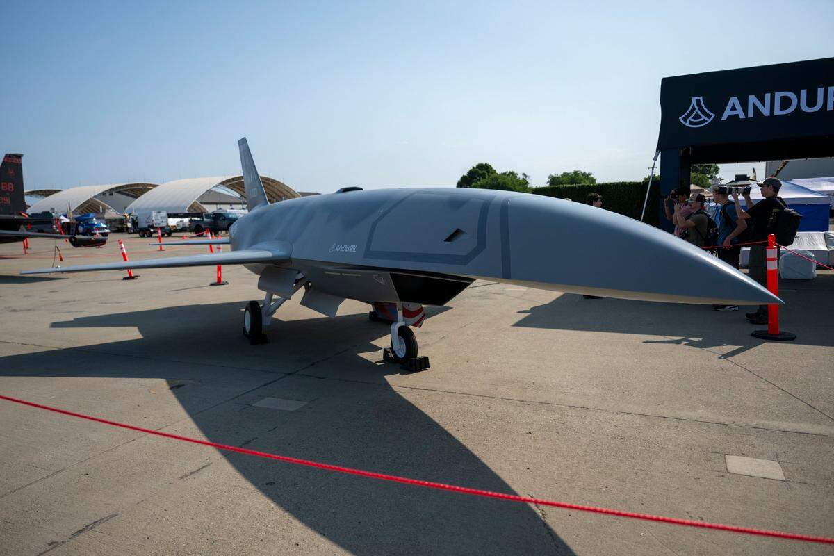 A YFQ-44A collaborative combat aircraft built by defense company Anduril sits on the apron at Beale Air Force Base on Friday in preparation for the base’s airshow.