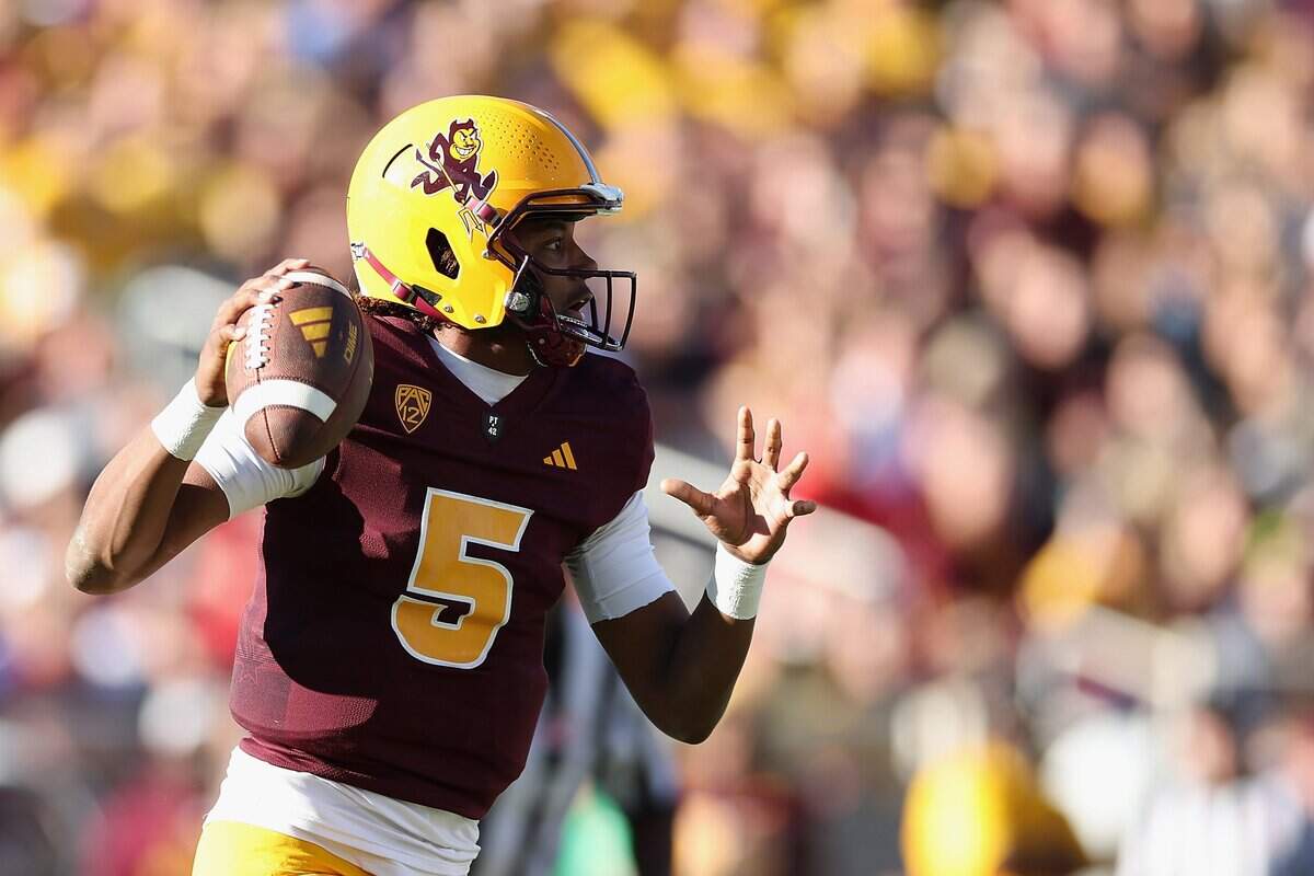 TEMPE, ARIZONA - NOVEMBER 25: Quarterback Jaden Rashada #5 of the Arizona State Sun Devils looks to pass during the first half of the NCAAF game at Mountain America Stadium on November 25, 2023 in Tempe, Arizona. (Photo by Christian Petersen/Getty Images)