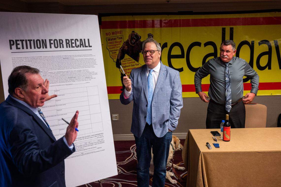 Recall organizers, from left, Mike Netter, Randy Economy and Orrin Heatlie announce at a news conference at the Hyatt Regency in Sacramento on March 7 that they have collected nearly 2 million signatures to recall Gov. Gavin Newsom – about 500,000 more than the minimum needed.