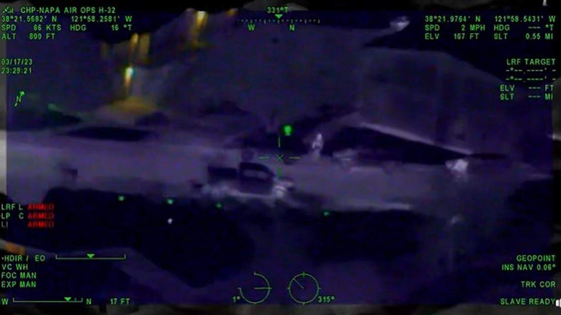 A video shows someone shining a green laser at a California Highway Patrol helicopter in Vacaville, leading to an arrest, officials say.