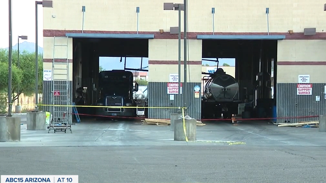 Two employees of Danny’s Truck Wash died inside the vault of a semi-truck after exposure to a chemical on Aug. 29, 2021, in Avondale, Arizona. Rescue crews wore hazmat suits to retrieve their bodies from the container, officials said.