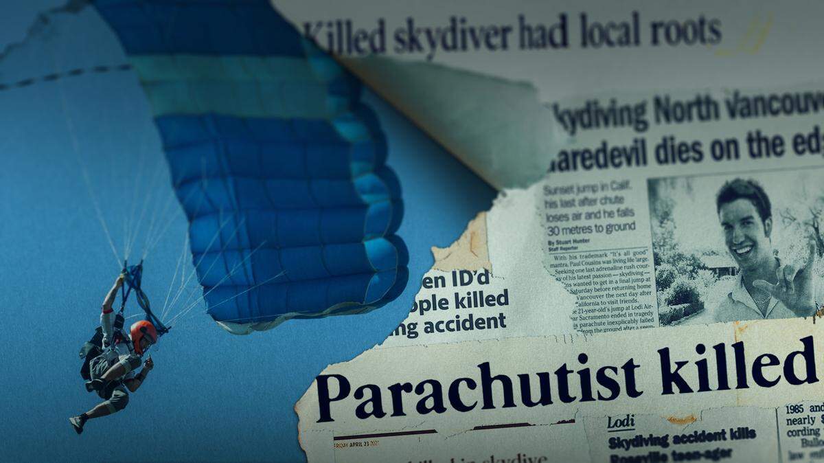 Newspaper clippings chronicle skydiving deaths at the Parachute Center at the Lodi Airport.