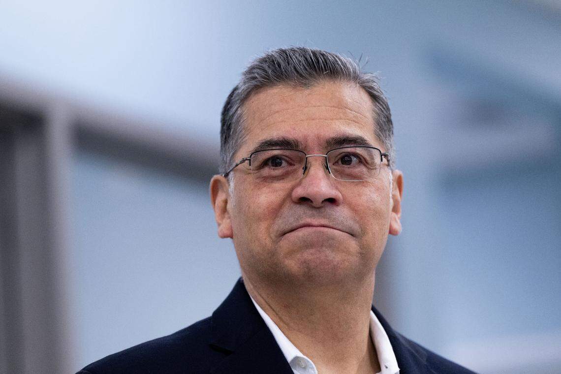 Then-U.S. Department of Health and Human Services Secretary Xavier Becerra talks with students in 2024 at Rio Americano High School during a visit to the Sacramento region to highlight his department’s efforts to expand the health care workforce.
