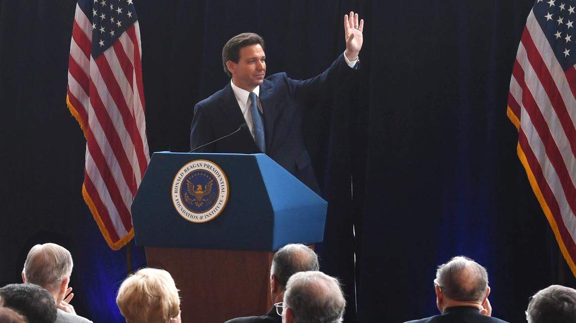 Gov. Ron DeSantis waves to the hundreds in attendance in the Air Force One Pavilion of the Ronald Reagan Presidential Library & Museum in Simi Valley on March 5.