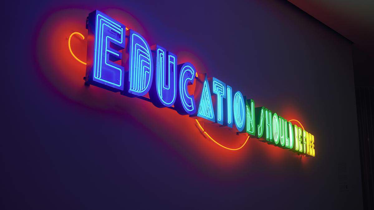 Andrea Bowers’ “Education Should Be Free” is on view in the Manetti Shrem Museum lobby through March.
