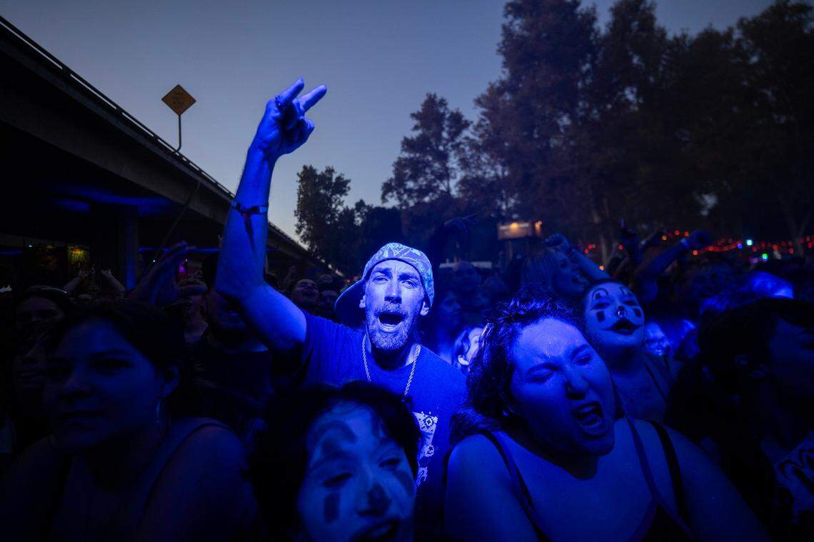 Festival attendees scream as Insane Clown Posse takes the stage in the first day of the Aftershock festival on Thursday, Oct. 10, 2024 at Discovery Park.