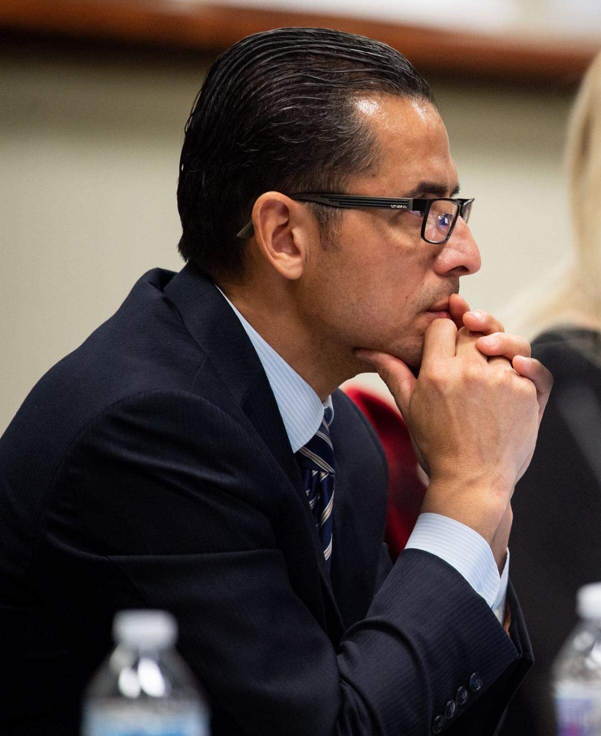 Sacramento City Unified School Board superintendent Jorge Aguilar, board President Jessie Ryan, center, and 1st Vice President Christina Pritchett listen to public comment during a Board of Education meeting Feb. 6, 2020, at SCUSD headquarters.