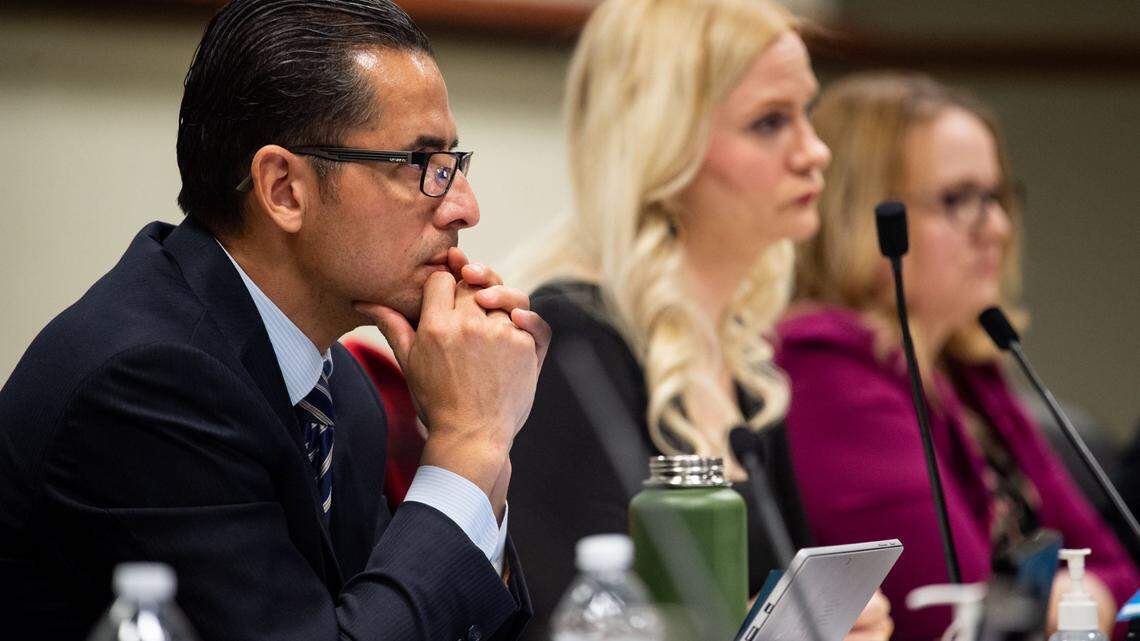 Sacramento City Unified School Board superintendent Jorge Aguilar listens to public comment during a Board of Education meeting Thursday, Feb. 6, 2020, at SCUSD headquarters on 47th Avenue in Sacramento. School board President Jessie Ryan, center, and 1st Vice President Christina Pritchett also attend. The highly anticipated final item on the agenda was a presentation on the 2019 California State Auditor’s report by Elaine Howle and her staff.