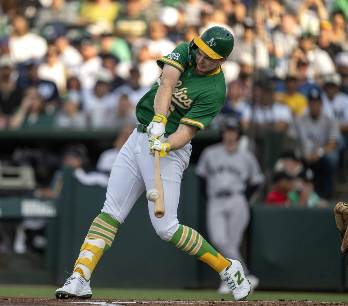 Athletics hitter Nick Kurtz (16) connects for a solo home run off New York Yankees pitcher Carlos Rodón (55) in the bottom of the first inning on May 29 at Sutter Health Park in West Sacramento. Kurtz is a widely speculated contender for the 2026 Home Run Derby after hitting 19 home runs so far in a stellar sophomore campaign.
