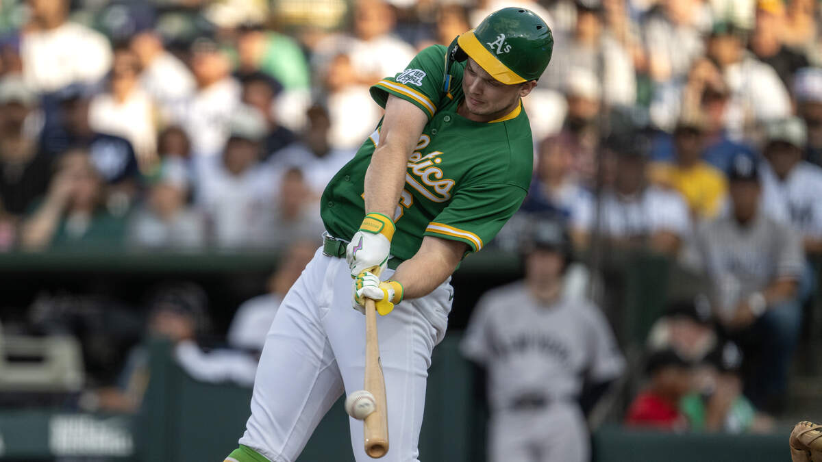 Athletics hitter Nick Kurtz connects for a solo home run off New York Yankees pitcher Carlos Rodón in the bottom of the first inning on May 29, at Sutter Health Park in West Sacramento. He won American League Player of the Month for his May performance and has continued to vault himself into MVP contention.