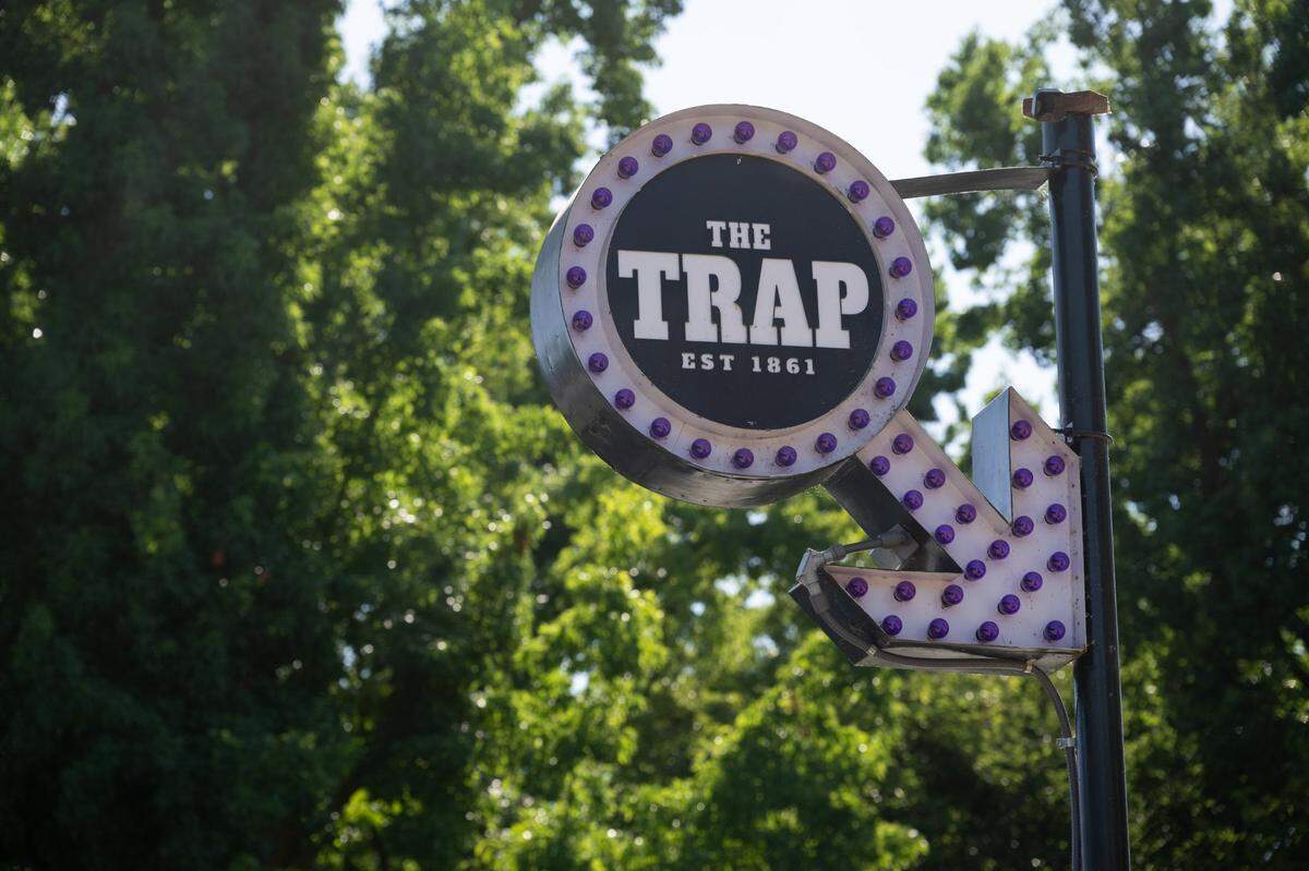 The marquee points the way to The Trap. Portions of the historic dive bar’s building on Riverside Boulevard date to the 1860s.