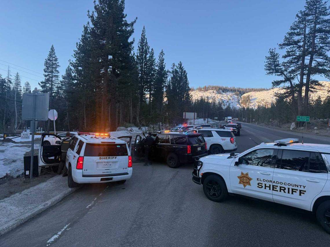 Officers with the California Highway Patrol and the El Dorado County Sheriff’s Office conduct a felony stop of a white sedan on Highway 50 near South Upper Truckee Road west of Meyers, Calif., on Thursday, March 5, 2026. The driver was taken into custody around 8:45 a.m. after a pursuit that began in Rancho Cordova.