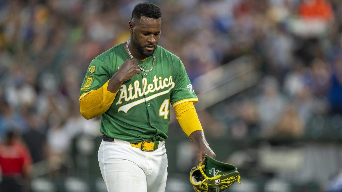 Athletics pitcher Luis Severino walks off the field in July against the Toronto Blue Jays at Sutter Health Park in West Sacramento. The team in 2026 is adding renovations to the stadium including “Severino Room” in the dugout.