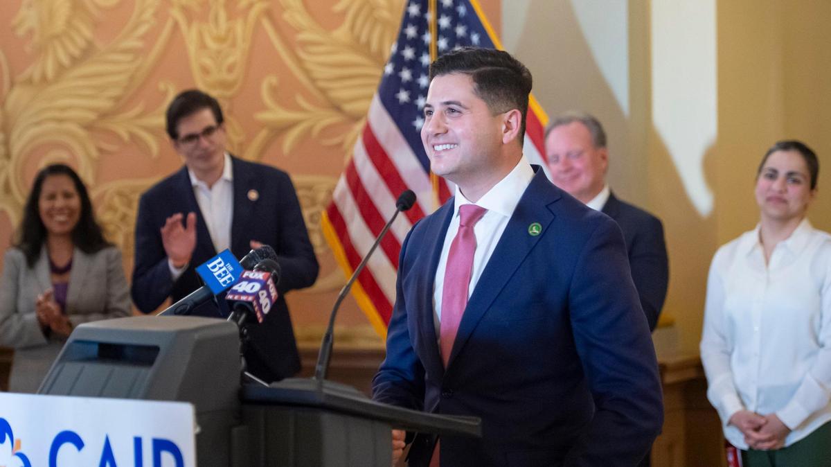 Assemblyman Bill Essayli, R-Corona, speaks at the state Capitol in 2023. Essayli was removed from a major committee assignment because of partisan attacks on his Democratic colleagues.