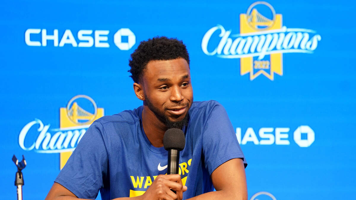 Golden State Warriors forward Andrew Wiggins speaks during a pregame press conference before a game against the Oklahoma City Thunder at Chase Center on April 4, 2023.