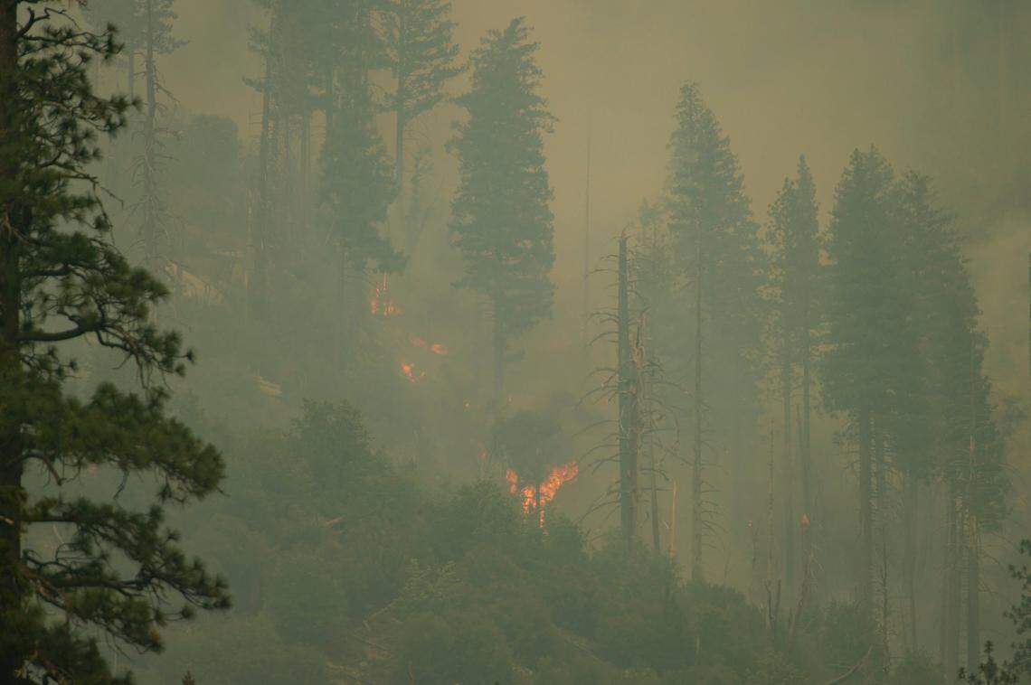 A spot fire from the Caldor Fire burns along Highway 50 near Kyburz on Sunday. Firefighters said it was in a place that their hoses couldn’t reach, so they were watching it from a distance.