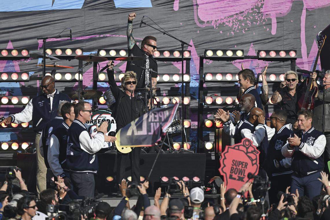 Green Day performs before the start of Super Bowl LX at Levi’s Stadium in Santa Clara on Sunday, Feb. 8, 2026.
