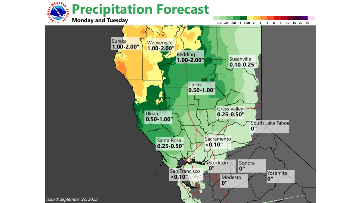 Rain forecast for Northern California for Sept. 23 through Sept. 25.