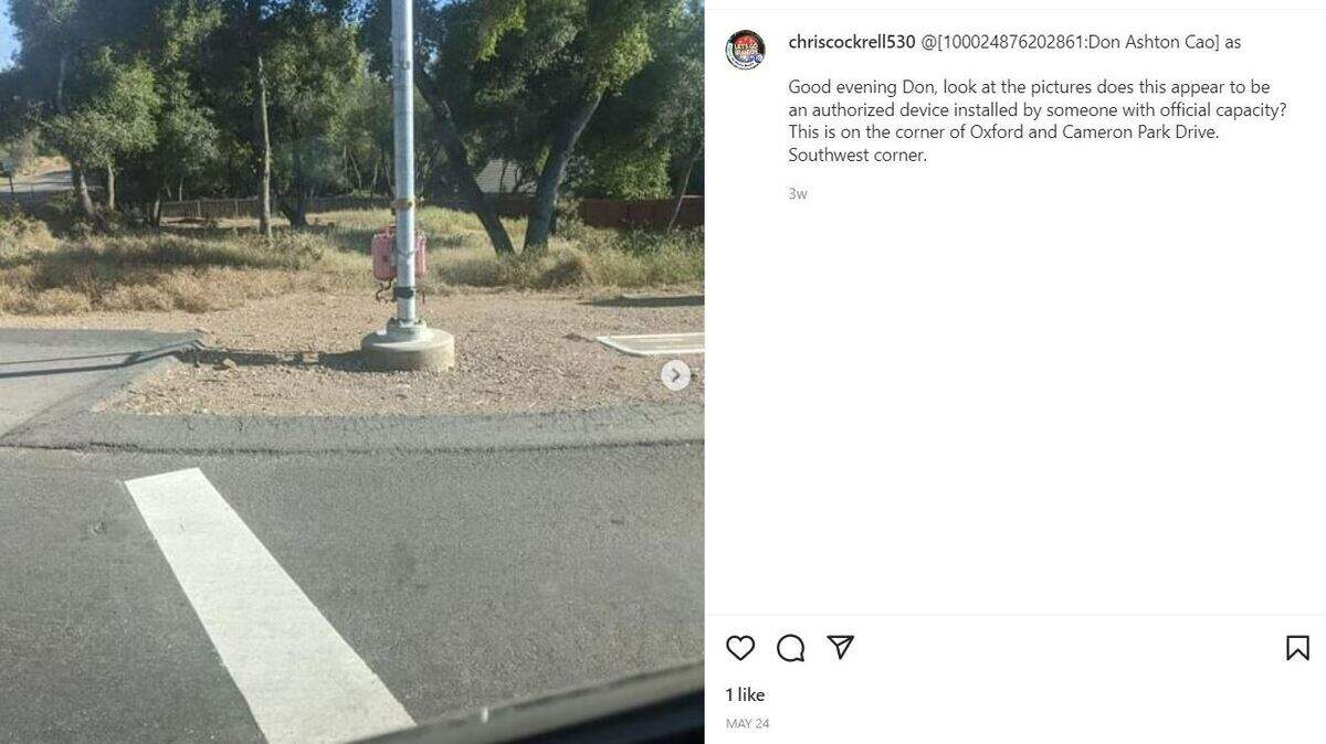 Chris Cockrell, who resigned June 13, 2022, from the El Dorado County Veterans Affairs Commission, posted concerns in late May to Facebook and Instagram regarding “devices” on traffic poles. County transportation officials said six to eight devices were then removed by a citizen.