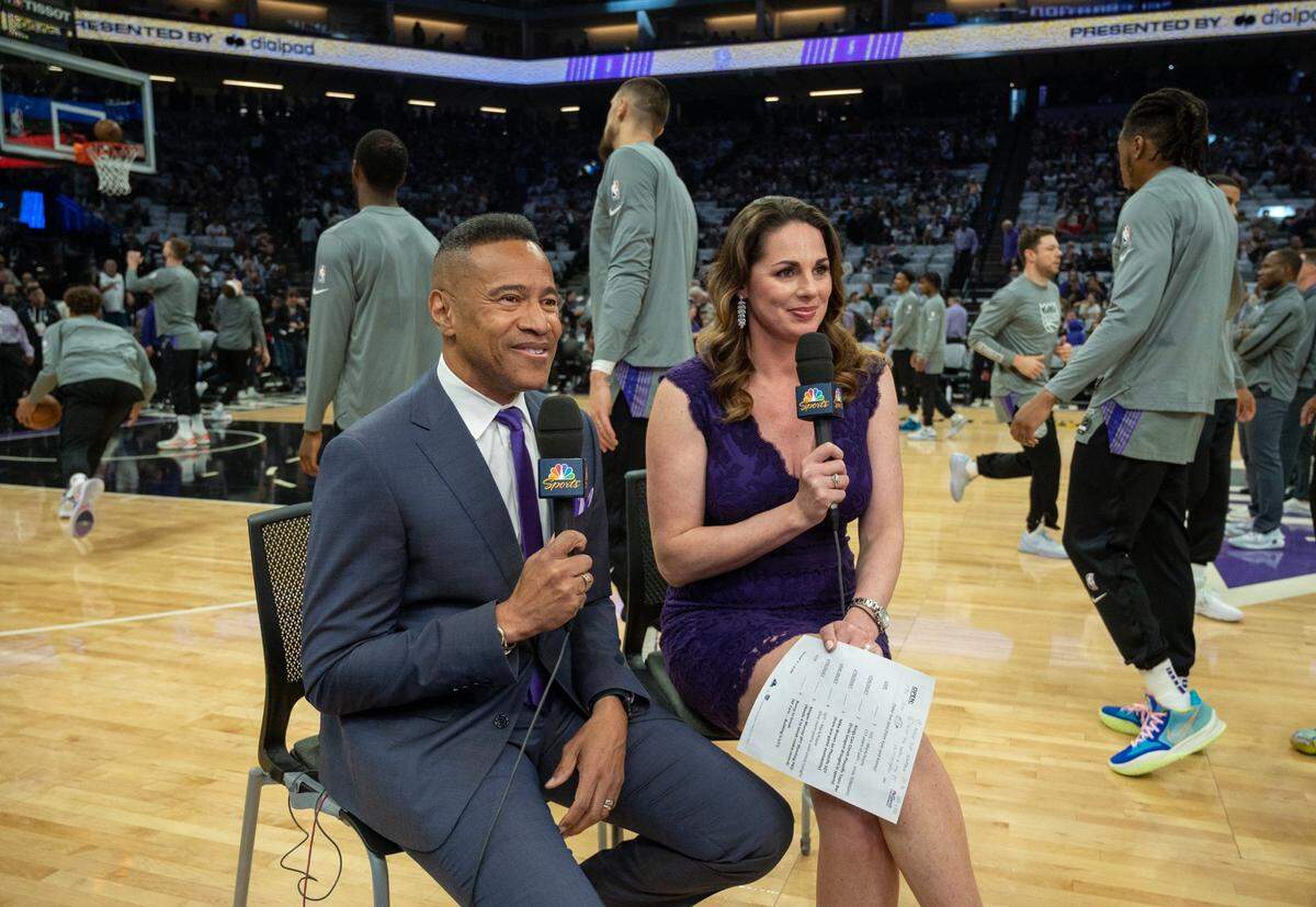 Sacramento Kings play-by-play announcer Mark Jones and color commentator Kayte Christensen broadcast on air before a game last month.