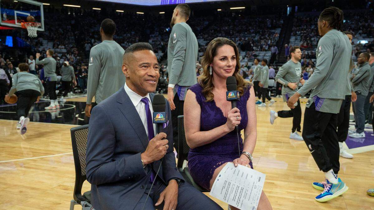Sacramento Kings play-by-play announcer Mark Jones and color commentator Kayte Christensen broadcast on air before a game at Golden 1 Center in Sacramento, Monday, March 27, 2023.