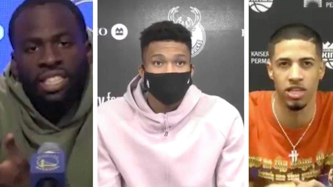 From left: Draymond Green of the Golden State Warriors, Giannis Antetokounmpo of the Milwaukee Bucks, and Tyrese Haliburton of the Sacramento Kings.