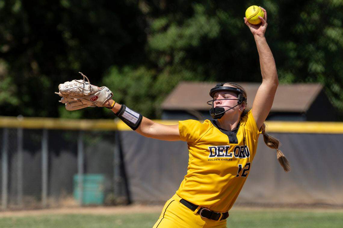 Del Oro Golden Eagles pitcher Mikayla Finn (12) throws against the Oak Ridge Trojans during the second inning in the CIF Northern California Division I softball championship on Saturday, June 7,  at Oak Ridge High School.