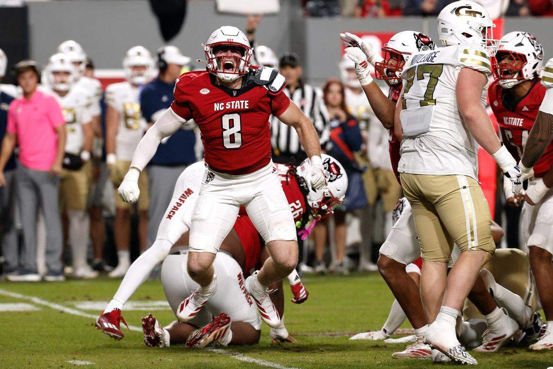 Cian Slone of the NC State Wolfpack reacts following a defensive play in the first half against the Georgia Tech Yellow Jackets at Carter-Finley Stadium on Nov. 1 in Raleigh, North Carolina.