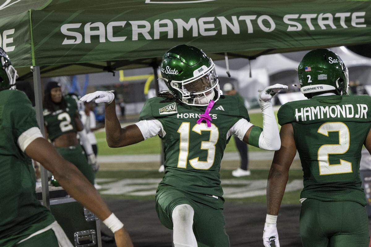 Sacramento State Hornets wide receiver Ernest Campbell (13) celebrates a touchdown against the Mercyhurst Lakers during a college football game on Saturday, Sept. 13, 2025, at Hornet Stadium in Sacramento. Sacramento State formally announced on Monday that it will join the Mid-American Conference as a football-only member.