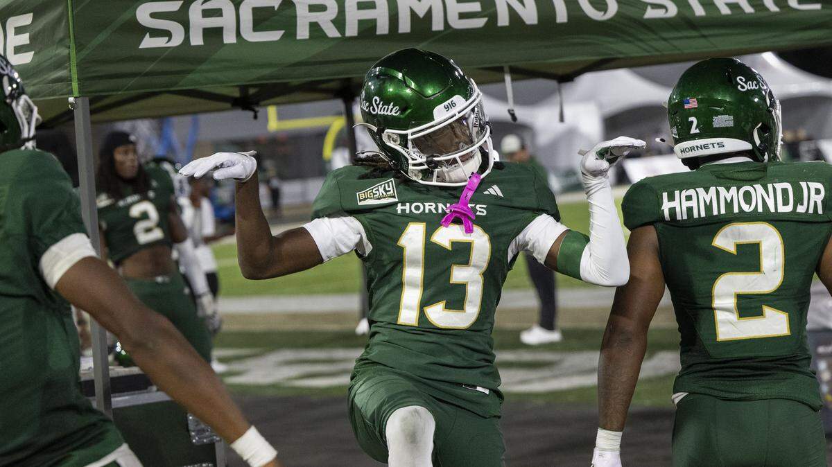 Sacramento State Hornets wide receiver Ernest Campbell (13) celebrates a touchdown against the Mercyhurst Lakers during a college football game Sept. 13 at Hornet Stadium in Sacramento with Rodney Hammond Jr. (2) nearby. Campbell and Hammond each had two touchdowns in Saturday’s 52-24 road win over Portland State.