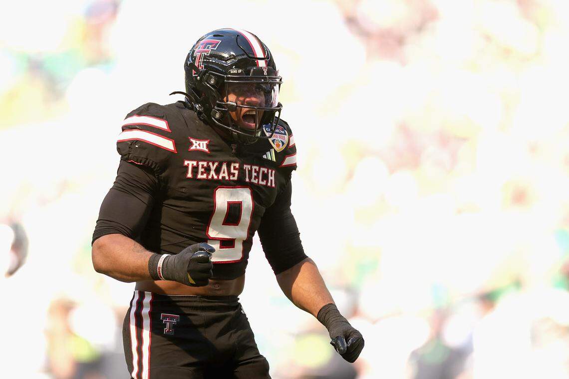 Romello Height of the Texas Tech Red Raiders celebrates after a sack against the Oregon Ducks in the first quarter during the 2025 College Football Playoff Quarterfinal at the Capital One Orange Bowl at Hard Rock Stadium on Jan. 1.