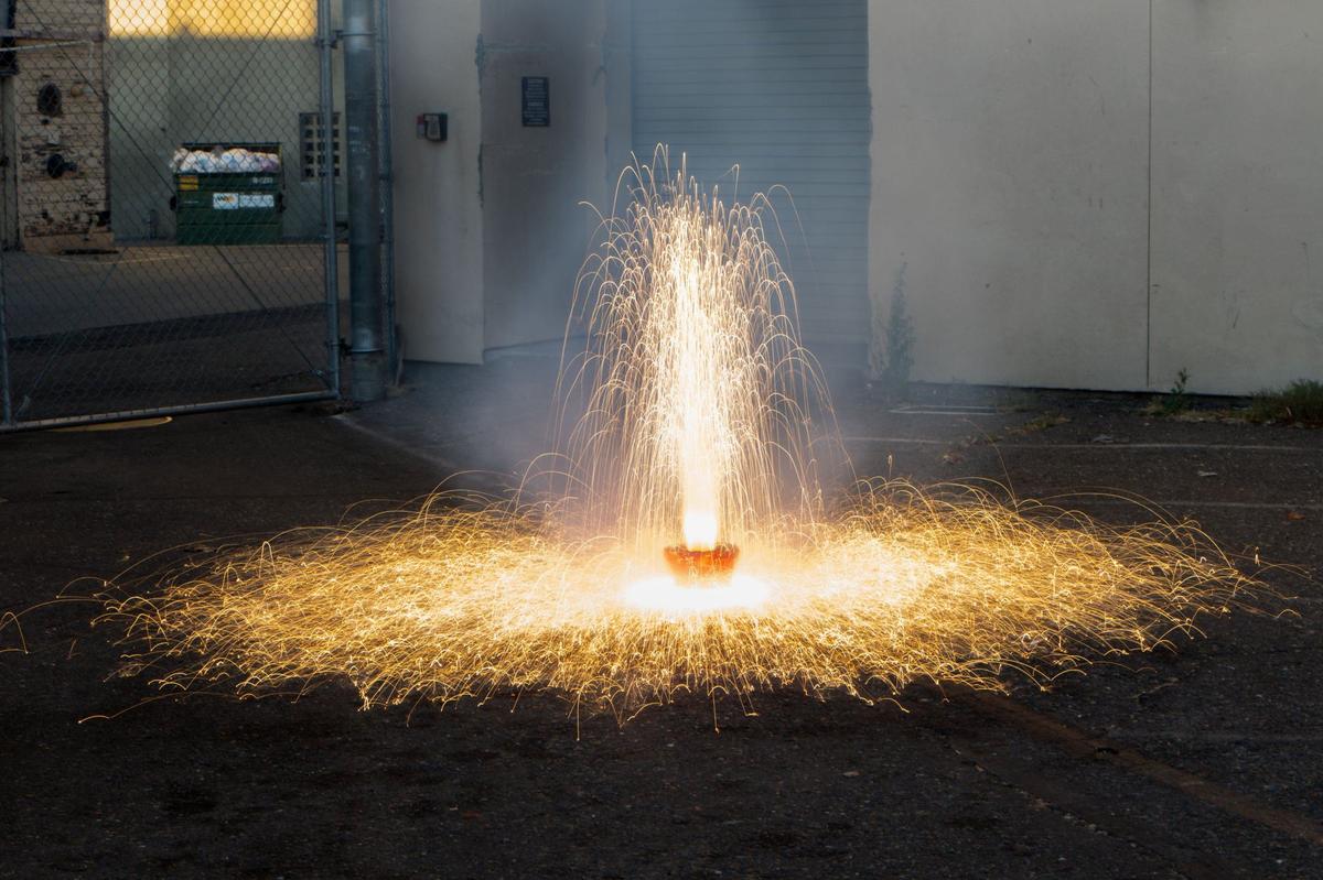 Phantom Fireworks’ Radioactive Spark fountain released spinners, stars and a chrysanthemum.