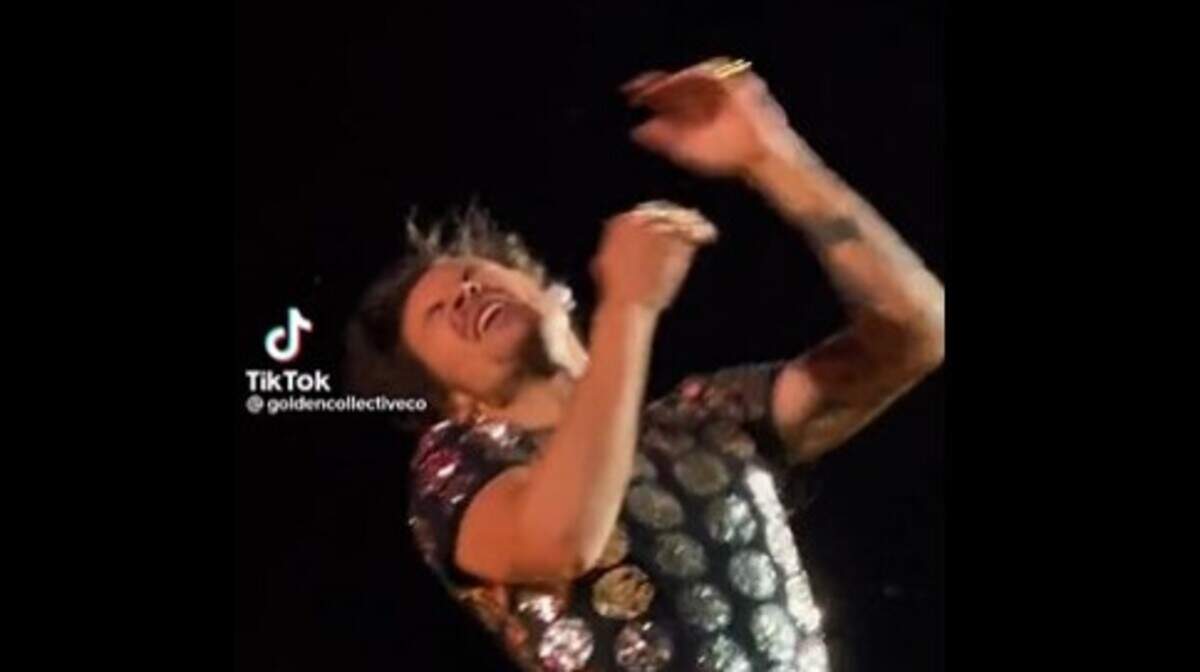Singer Harry Styles reacts to being hit in the eye by thrown Skittles at a Nov. 14 concert in Inglewood, California.