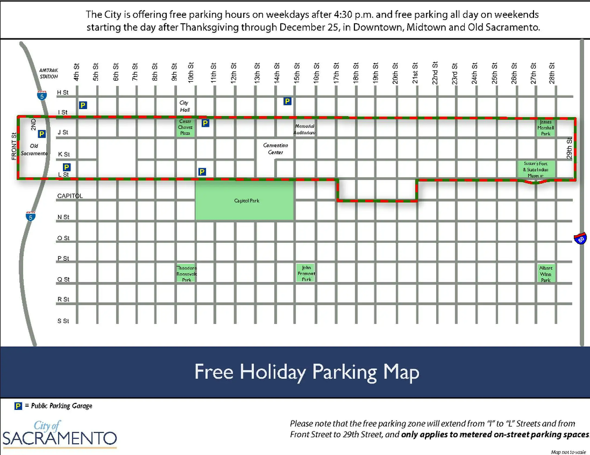 Map of where residents and visitors can find free holiday parking in downtown and midtown Sacramento.