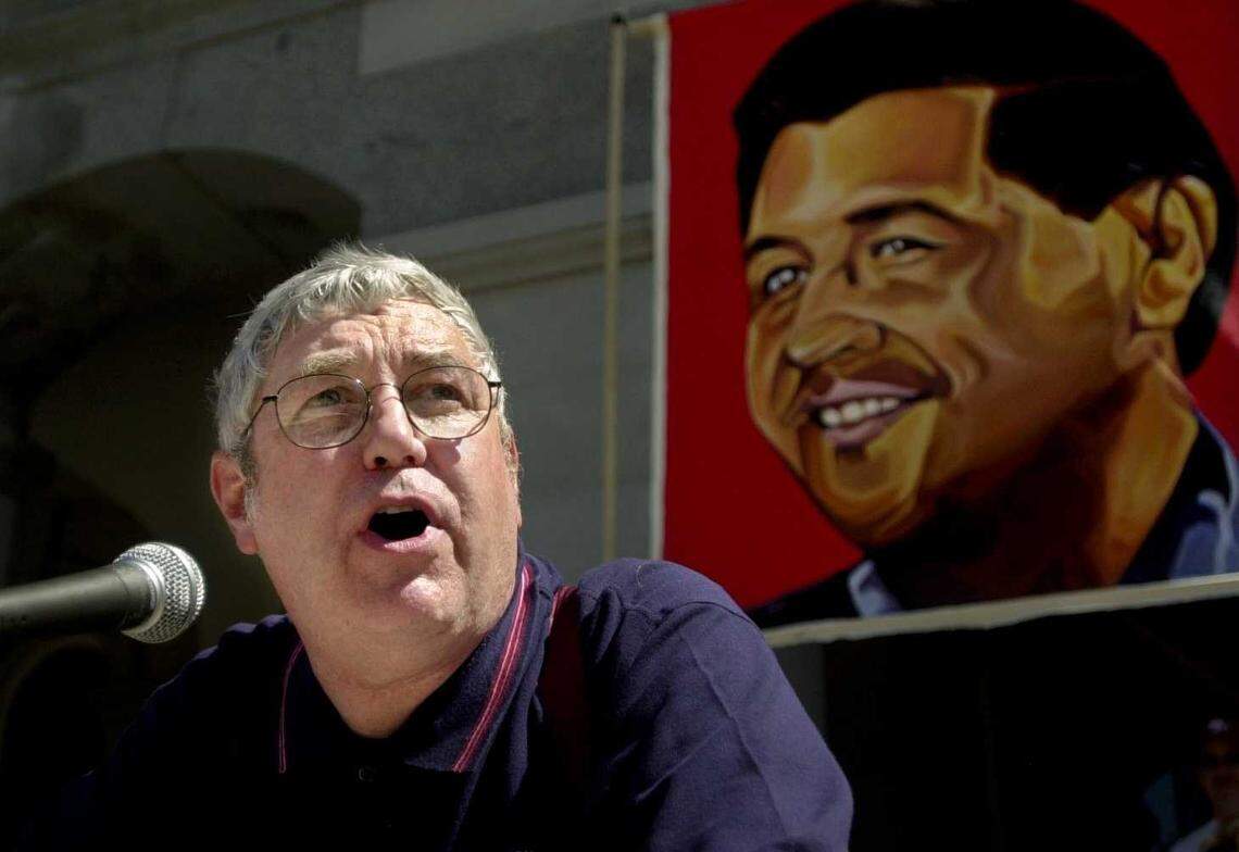 At a 2003 rally following the Cesar Chavez Day march to the state Capitol, Bill Camp, the executive secretary of the Sacramento Central Labor Council, reminds the crowd of the values and principles Chavez wanted people to pass on to future generations. United Farm Workers remembered Camp, who died Sept. 23 at the age of 80, as someone “who understood the fight for workers’ rights was closely tied to broader battles for racial and economic equality and civil rights.”