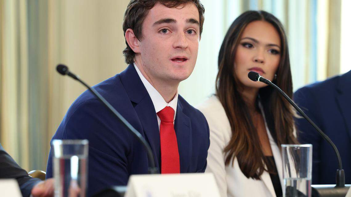 WASHINGTON, DC - OCTOBER 08: Independent journalist Nick Shirley speaks during a roundtable discussion in the State Dining Room of the White House on October 08, 2025 in Washington, DC. Trump's administration held the roundtable to discuss the anti-fascist Antifa movement after signing an executive order designating it as a “domestic terrorist organization”. (Photo by Anna Moneymaker/Getty Images)