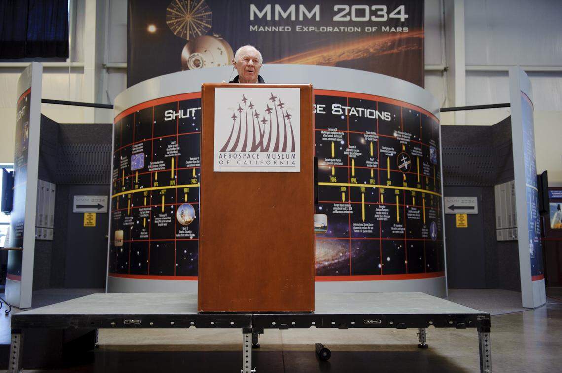 Gen. Chuck Yeager, the most famous test pilot of all time, shares his experiences with the audience and answers questions at the Aerospace Museum of California on June 12, 2011.