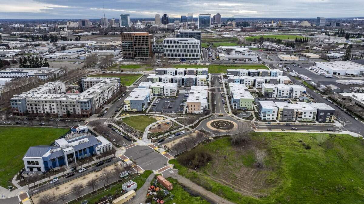 An aerial view of Township 9 housing development in Sacramento's River District on Friday, Jan. 2, 2026.