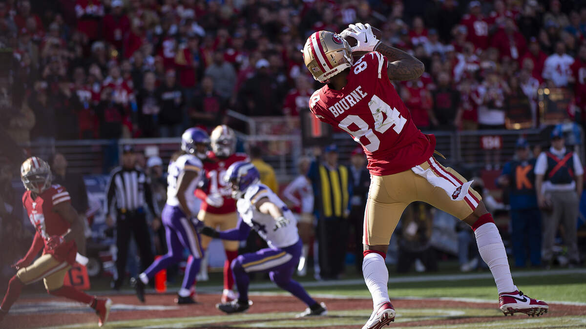 San Francisco 49ers wide receiver Kendrick Bourne (84) catches a touchdown pass in the first quarter during an NFC playoff game against the Minnesota Vikings at the Levi’s Stadium on Saturday, Jan 11, 2020 in Santa Clara.