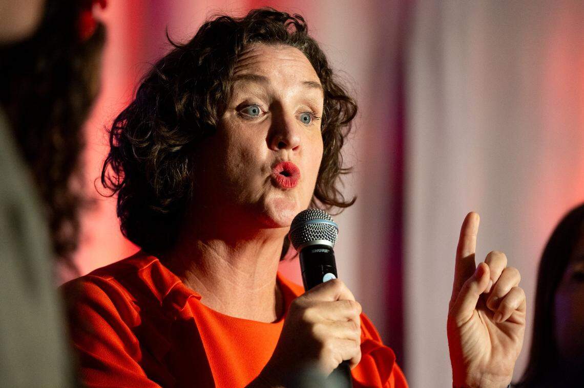 Former U.S. Rep. Katie Porter speaks during a gubernatorial candidate salon hosted by the California Federation of Labor Unions, AFL-CIO and the State Building and Construction Trades Council at the Sheraton Grand Hotel in Sacramento on Monday, May 12, 2025.