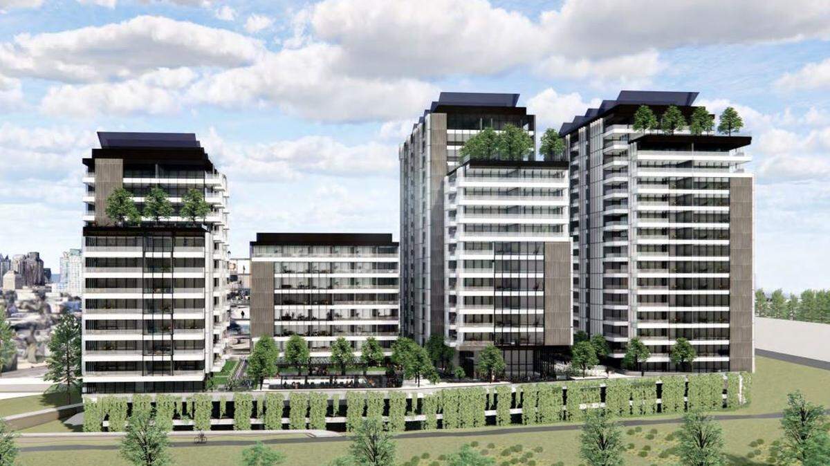 A rendering shows four planned high-rise towers with 787 market-rate apartments called American River One at 500 Bercut Drive in Sacramento. The project can move forward, a judge ruled in 2024 following a lawsuit alleging the city not complied with California Environmental Quality Act requirements.