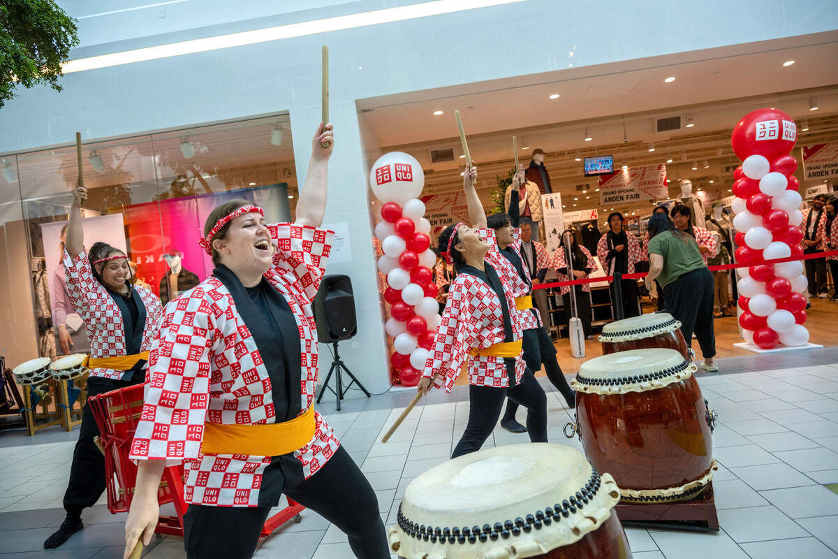 Marina McGough from Sacramento Taiko Dan performs at the grand opening of global retailer Uniqlo at Arden Fair mall in Sacramento on Friday, Sept. 13, 2024.