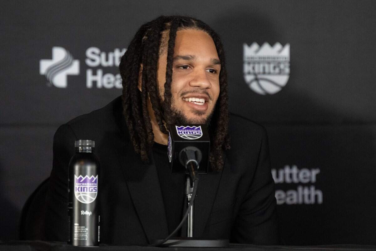 Sacramento Kings 2026 NBA draft pick Emanuel Sharp listens to a question during an introductory news conference at Golden 1 Center on Monday.