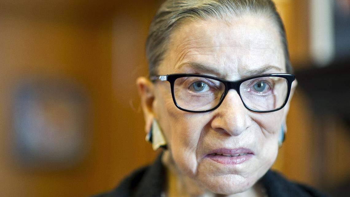 FILE - In this July 31, 2014 file photo is Associate Justice Ruth Bader Ginsburg in her Supreme Court chambers in Washington. Ginsburg discusses the work of the court in an appearance Tuesday, Sept. 16, 2014 at the University of Minnesota Law School. (AP Photo/Cliff Owen, File)