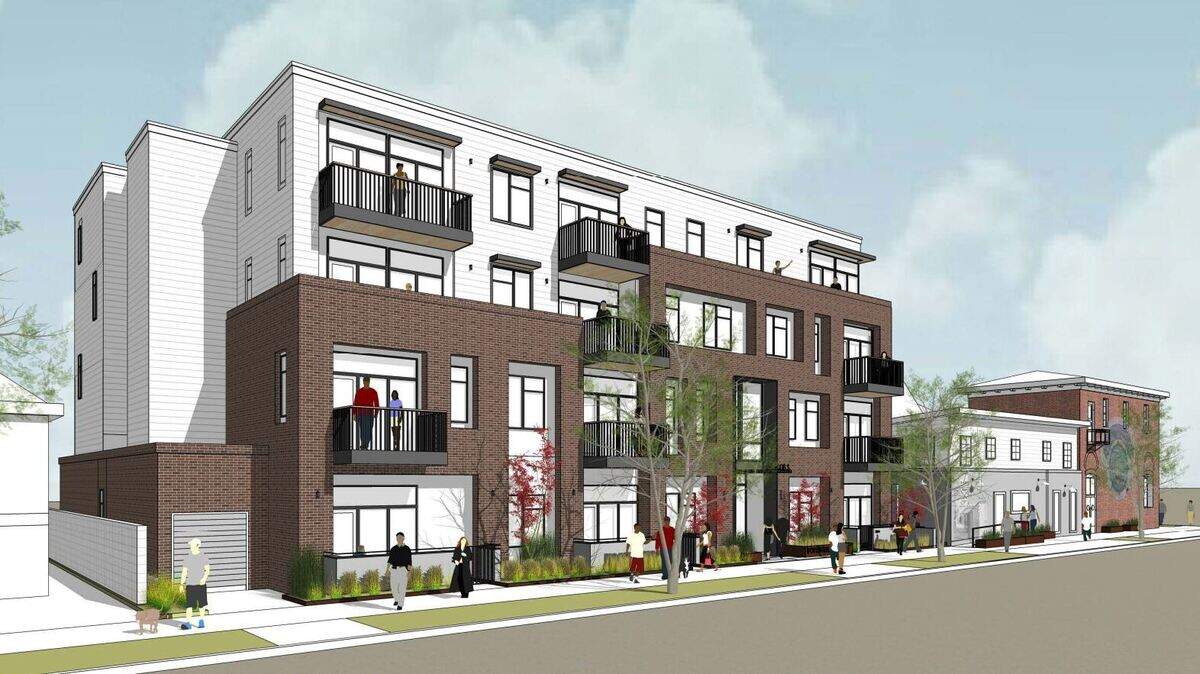 An architectural rendering shows “The Ironside,” a proposed 23-unit mixed-use apartment building at 1008 S St. in Sacramento’s Southside Park neighborhood, on the same block as the Old Ironsides pub, seen far right.