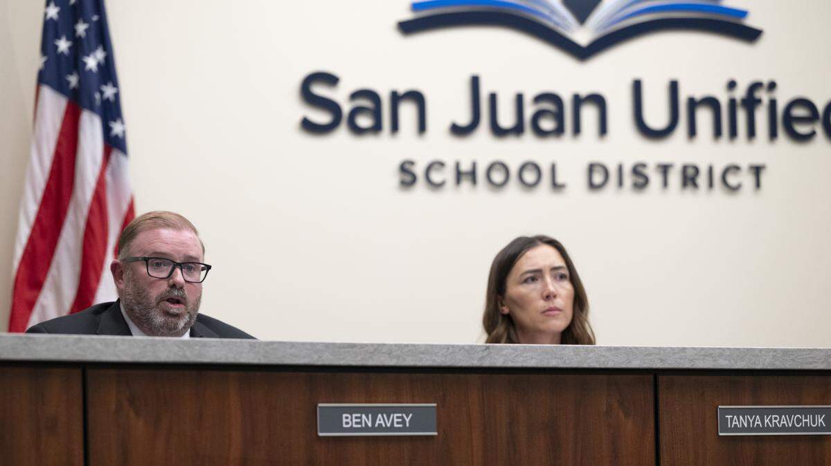 San Juan Unified School Board President Ben Avey, left, announces disciplinary action against board member Nick Bloise during a San Juan Unified school board meeting in Carmichael on Tuesday, Sept. 9, 2025.